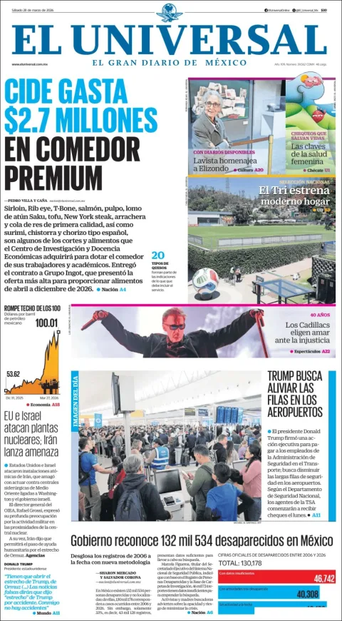 Portada de El Universal del sábado, 28 de marzo de 2026