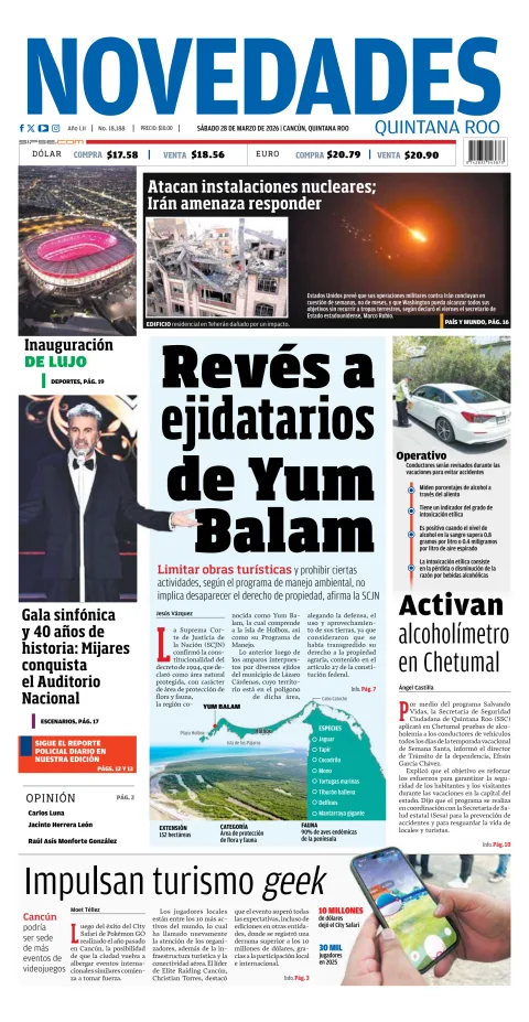 Portada de Novedades Quintana Roo del sábado, 28 de marzo de 2026