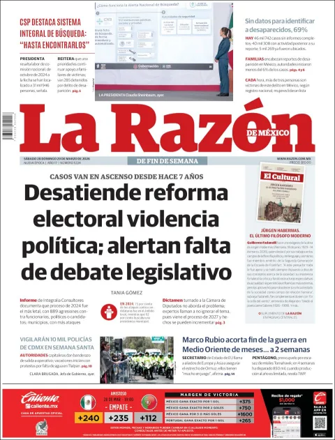 Portada de La Razon del sábado, 28 de marzo de 2026
