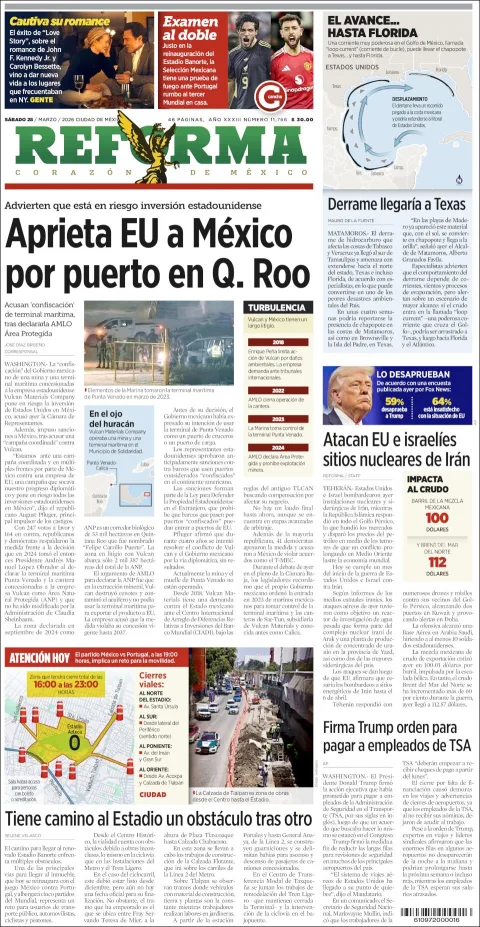 Portada de Reforma del sábado, 28 de marzo de 2026
