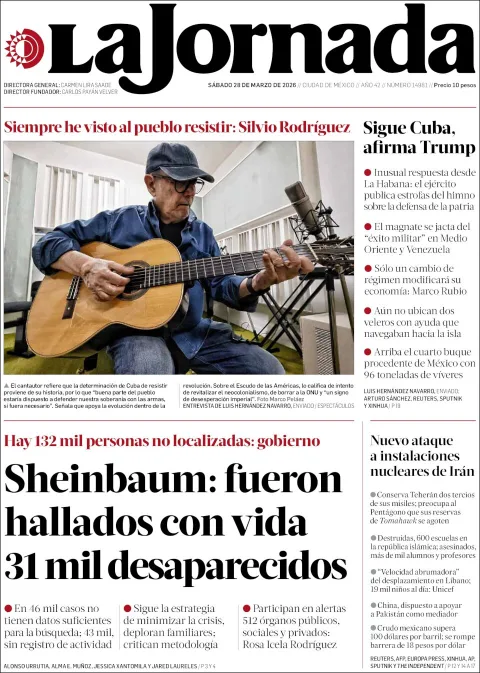 Portada de La Jornada del sábado, 28 de marzo de 2026