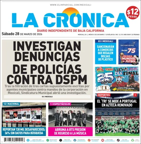 Portada de La Cronica del sábado, 28 de marzo de 2026