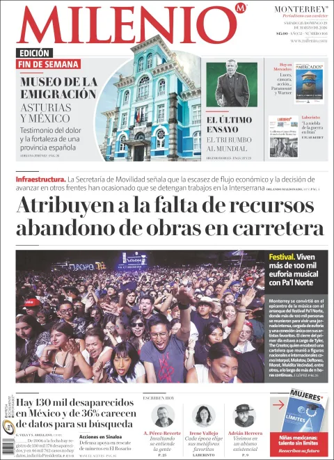 Portada de Milenio del sábado, 28 de marzo de 2026