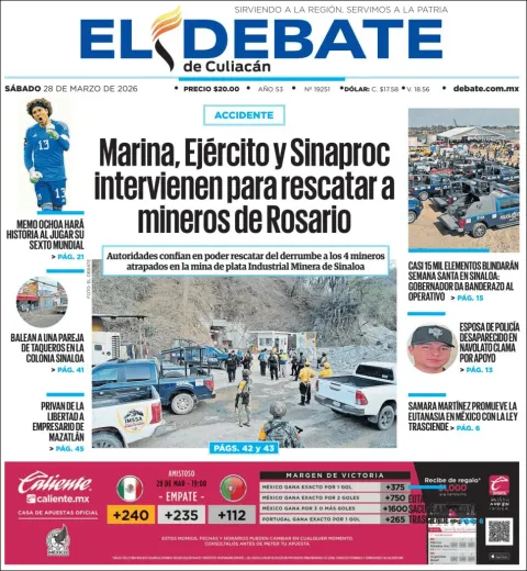 Portada de El Debate de Culiacan del sábado, 28 de marzo de 2026