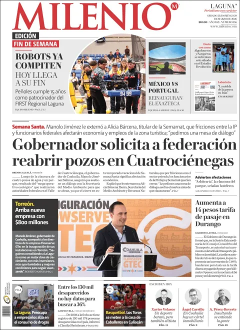 Portada de Milenio Laguna del sábado, 28 de marzo de 2026