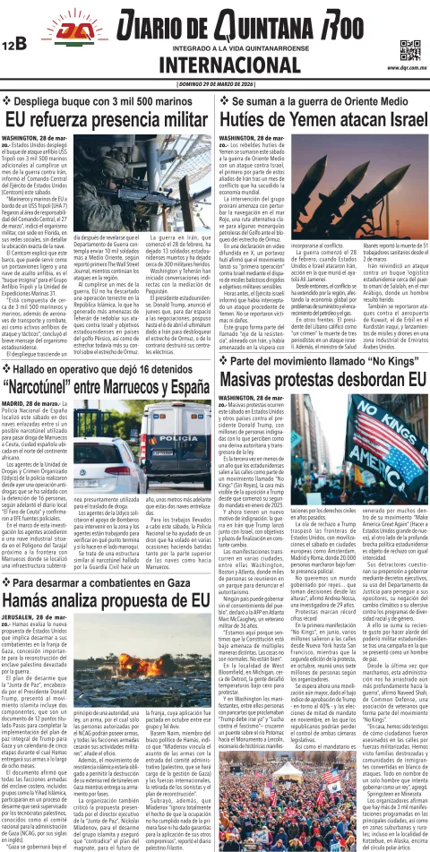 Portada de Diario de Quintana Roo (contra Portada) del domingo, 29 de marzo de 2026