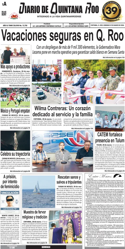 Portada de Diario de Quintana Roo (portada) del domingo, 29 de marzo de 2026