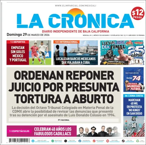 Portada de La Cronica del domingo, 29 de marzo de 2026