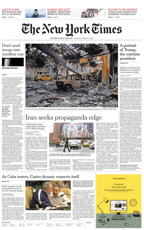 Portada de The New York Times (international) del lunes, 30 de marzo de 2026
