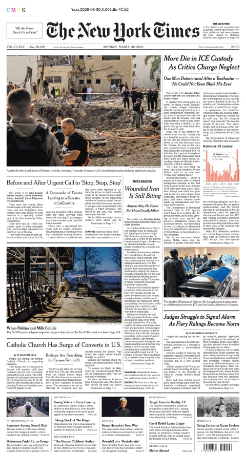 Portada de The New York Times (national) del lunes, 30 de marzo de 2026
