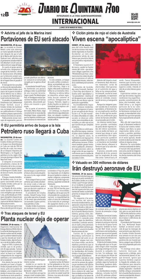 Portada de Diario de Quintana Roo (contra Portada) del lunes, 30 de marzo de 2026