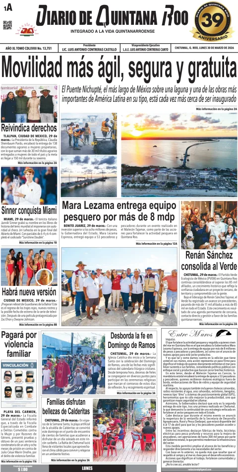 Portada de Diario de Quintana Roo (portada) del lunes, 30 de marzo de 2026