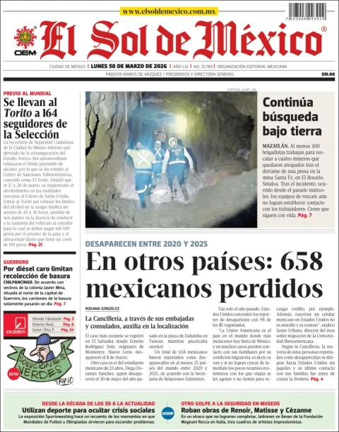 Portada de El Sol de Mexico del lunes, 30 de marzo de 2026