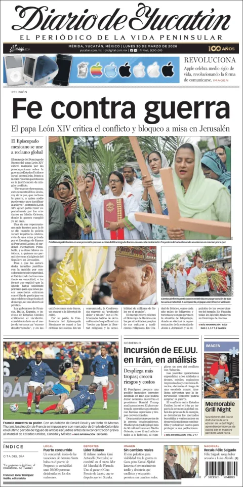 Portada de Diario de Yucatán del lunes, 30 de marzo de 2026