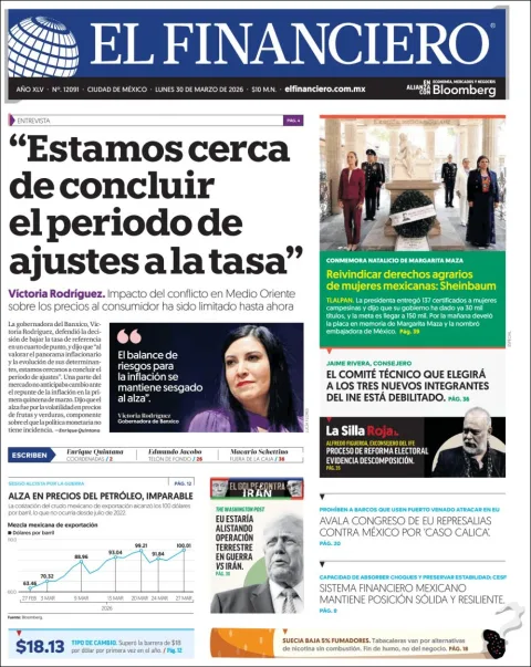 Portada de El Financiero del lunes, 30 de marzo de 2026