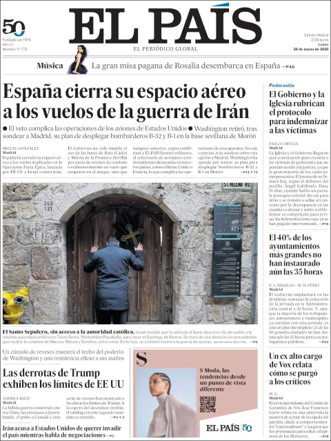 Portada de El Pais del lunes, 30 de marzo de 2026