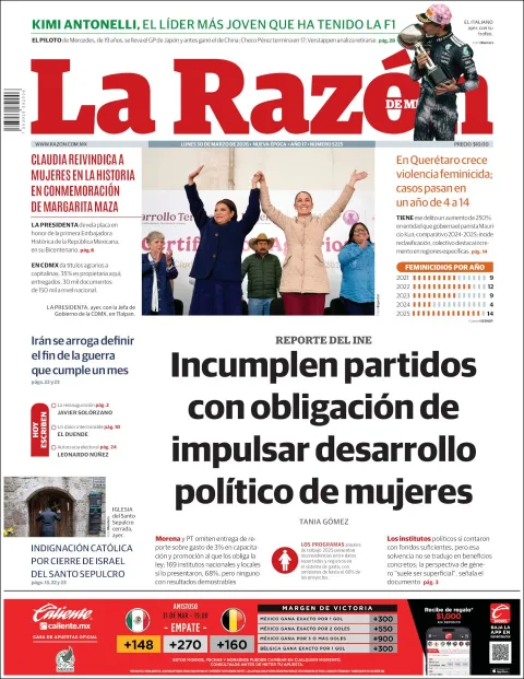 Portada de La Razon del lunes, 30 de marzo de 2026