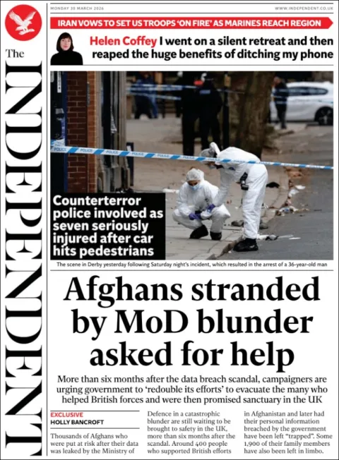 Portada de The Independent del lunes, 30 de marzo de 2026