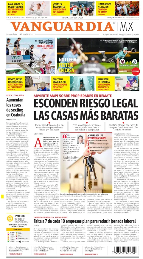 Portada de Vanguardia del lunes, 30 de marzo de 2026