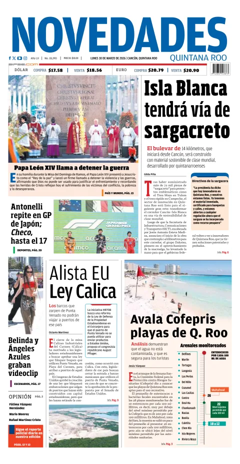 Portada de Novedades Quintana Roo del lunes, 30 de marzo de 2026