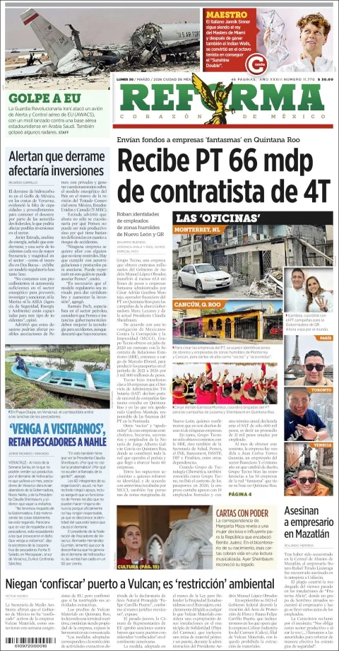 Portada de Reforma del lunes, 30 de marzo de 2026