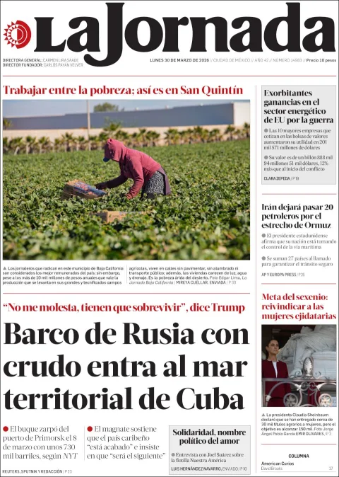 Portada de La Jornada del lunes, 30 de marzo de 2026