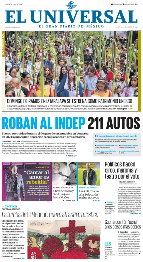 Portada de El Universal del lunes, 30 de marzo de 2026