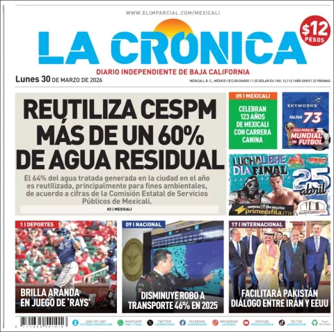 Portada de La Cronica del lunes, 30 de marzo de 2026