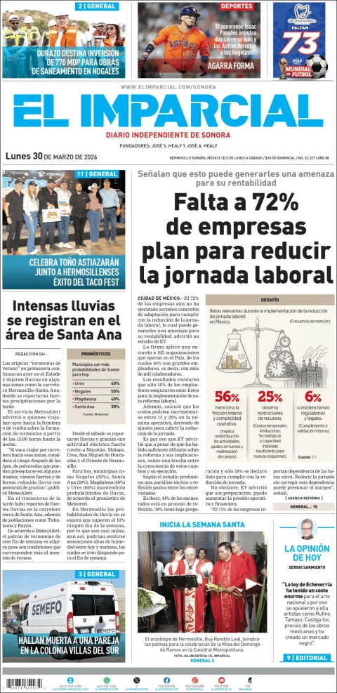 Portada de El Imparcial del lunes, 30 de marzo de 2026