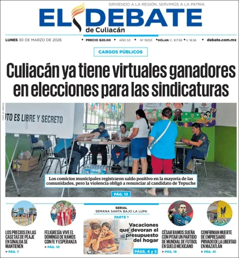 Portada de El Debate de Culiacan del lunes, 30 de marzo de 2026