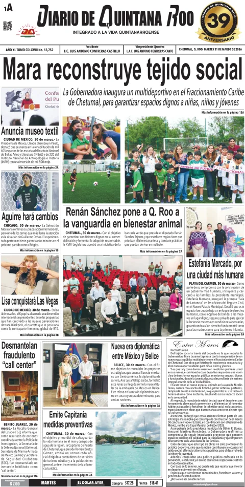 Portada de Diario de Quintana Roo (portada) del martes, 31 de marzo de 2026