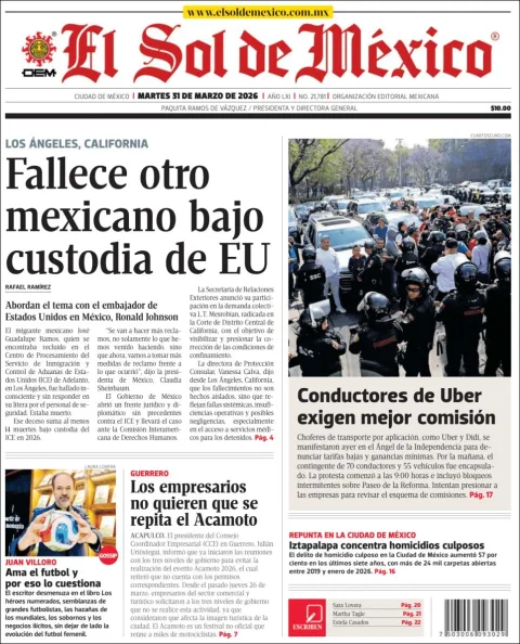 Portada de El Sol de Mexico del martes, 31 de marzo de 2026