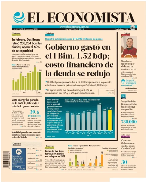 Portada de El Economista del martes, 31 de marzo de 2026