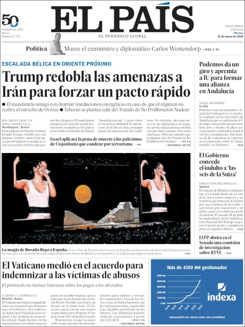 Portada de El Pais del martes, 31 de marzo de 2026