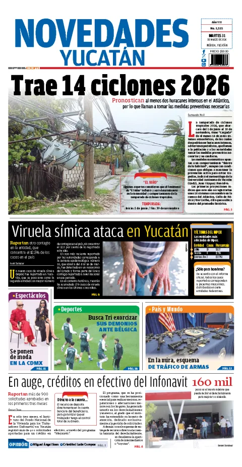 Portada de Novedades Yucatan del martes, 31 de marzo de 2026