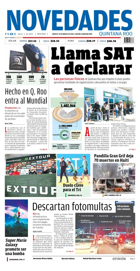 Portada de Novedades Quintana Roo del martes, 31 de marzo de 2026