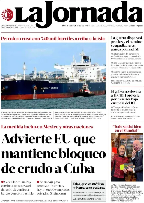 Portada de La Jornada del martes, 31 de marzo de 2026