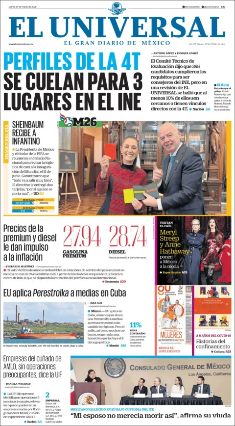 Portada de El Universal del martes, 31 de marzo de 2026