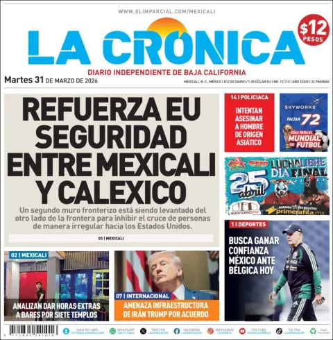 Portada de La Cronica del martes, 31 de marzo de 2026