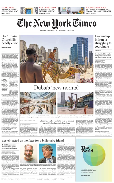 Portada de The New York Times (international) del miércoles, 1 de abril de 2026