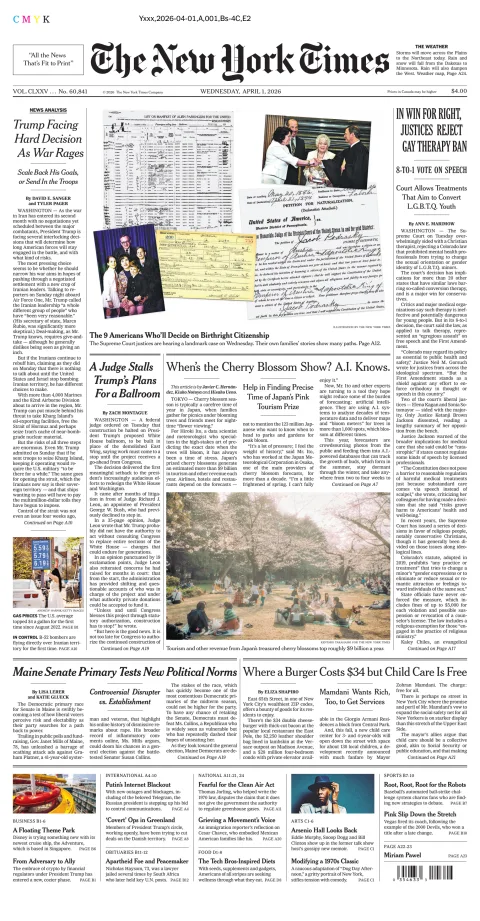 Portada de The New York Times (national) del miércoles, 1 de abril de 2026