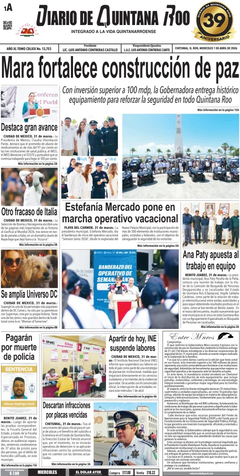 Portada de Diario de Quintana Roo (portada) del miércoles, 1 de abril de 2026
