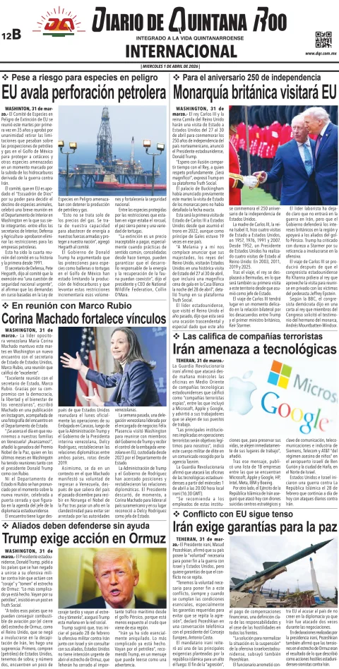 Portada de Diario de Quintana Roo (contra Portada) del miércoles, 1 de abril de 2026
