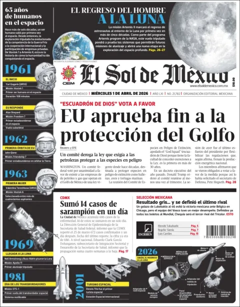 Portada de El Sol de Mexico del miércoles, 1 de abril de 2026