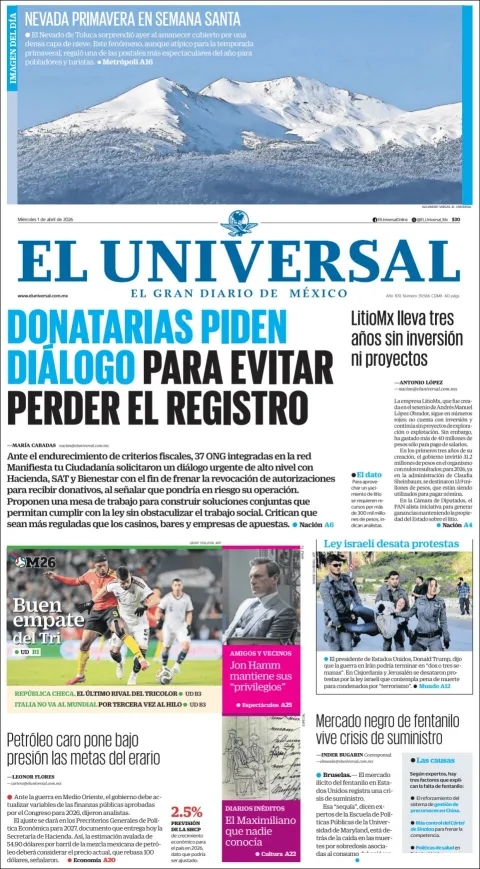 Portada de El Universal del miércoles, 1 de abril de 2026