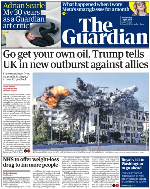 Portada de The Guardian (reino Unido) del 2026-04-01