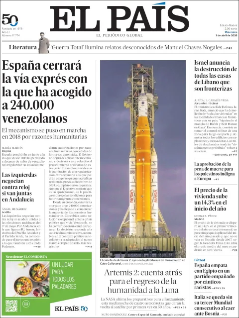 Portada de El Pais del miércoles, 1 de abril de 2026