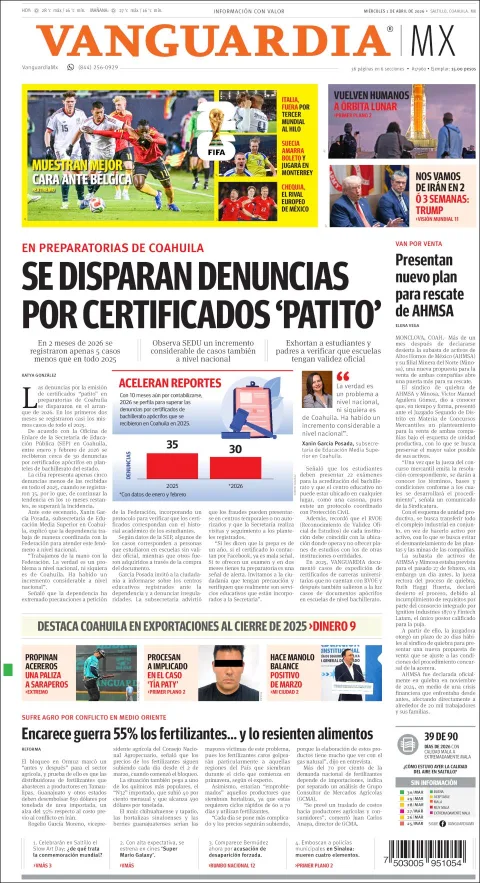 Portada de Vanguardia del miércoles, 1 de abril de 2026