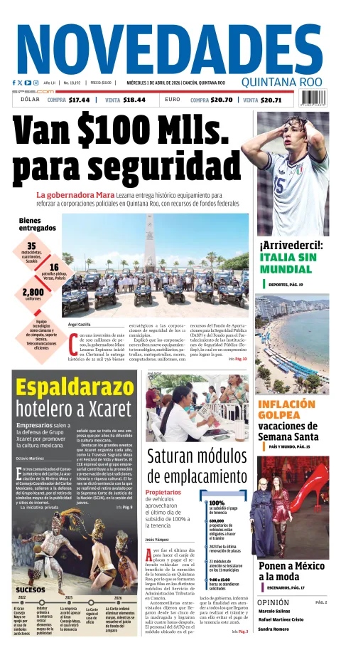 Portada de Novedades Quintana Roo del miércoles, 1 de abril de 2026