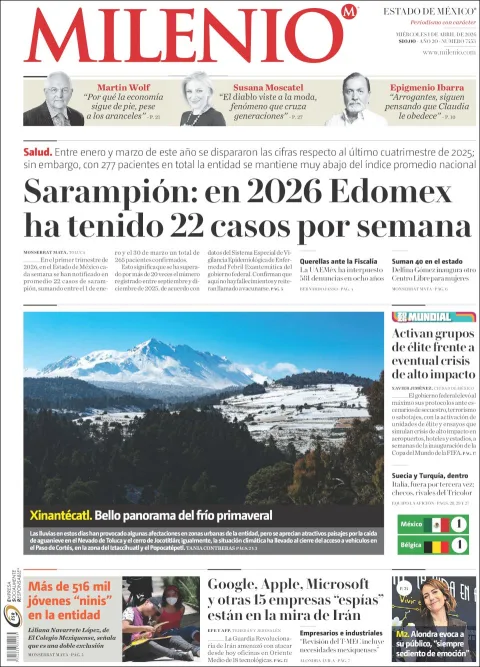 Portada de Milenio Edo de Mexico del miércoles, 1 de abril de 2026